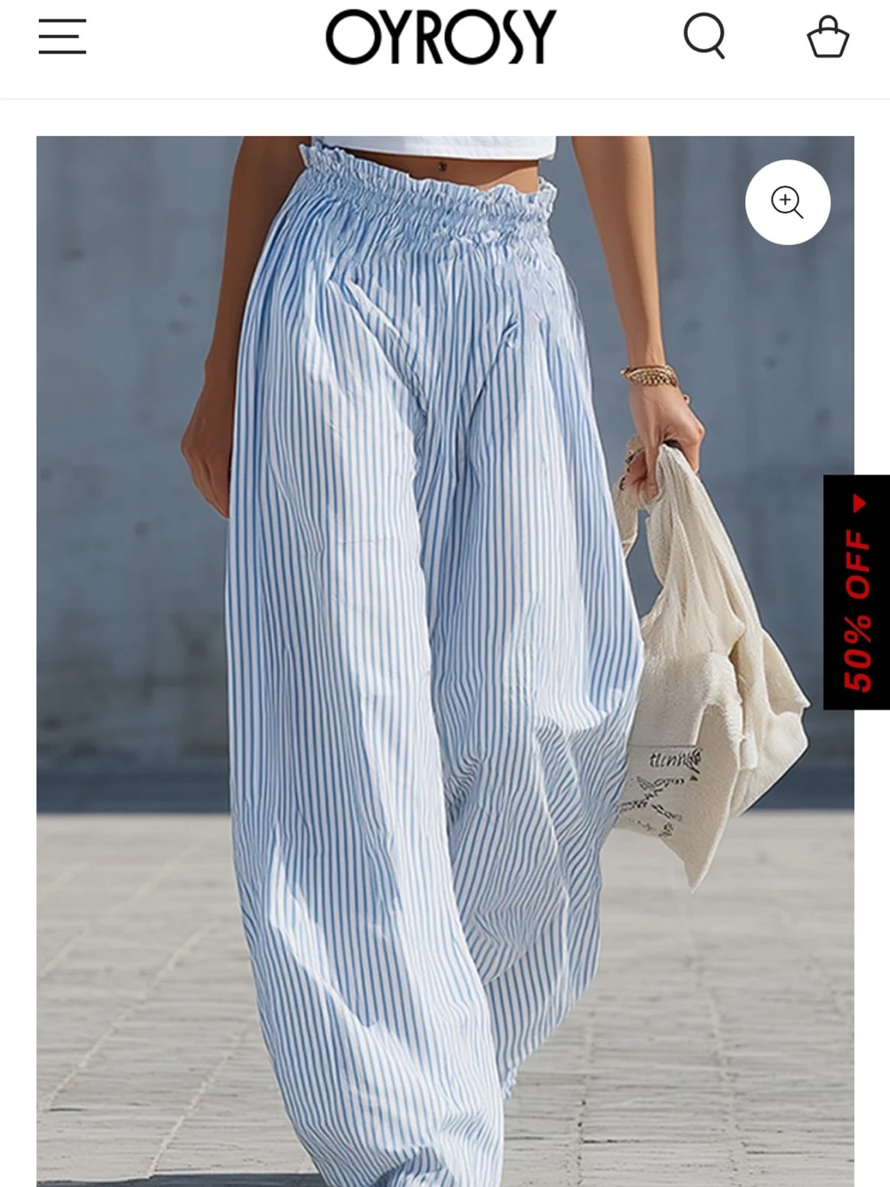OYROSY Light Blue Striped Smocked-Waist Wide-Leg Pants